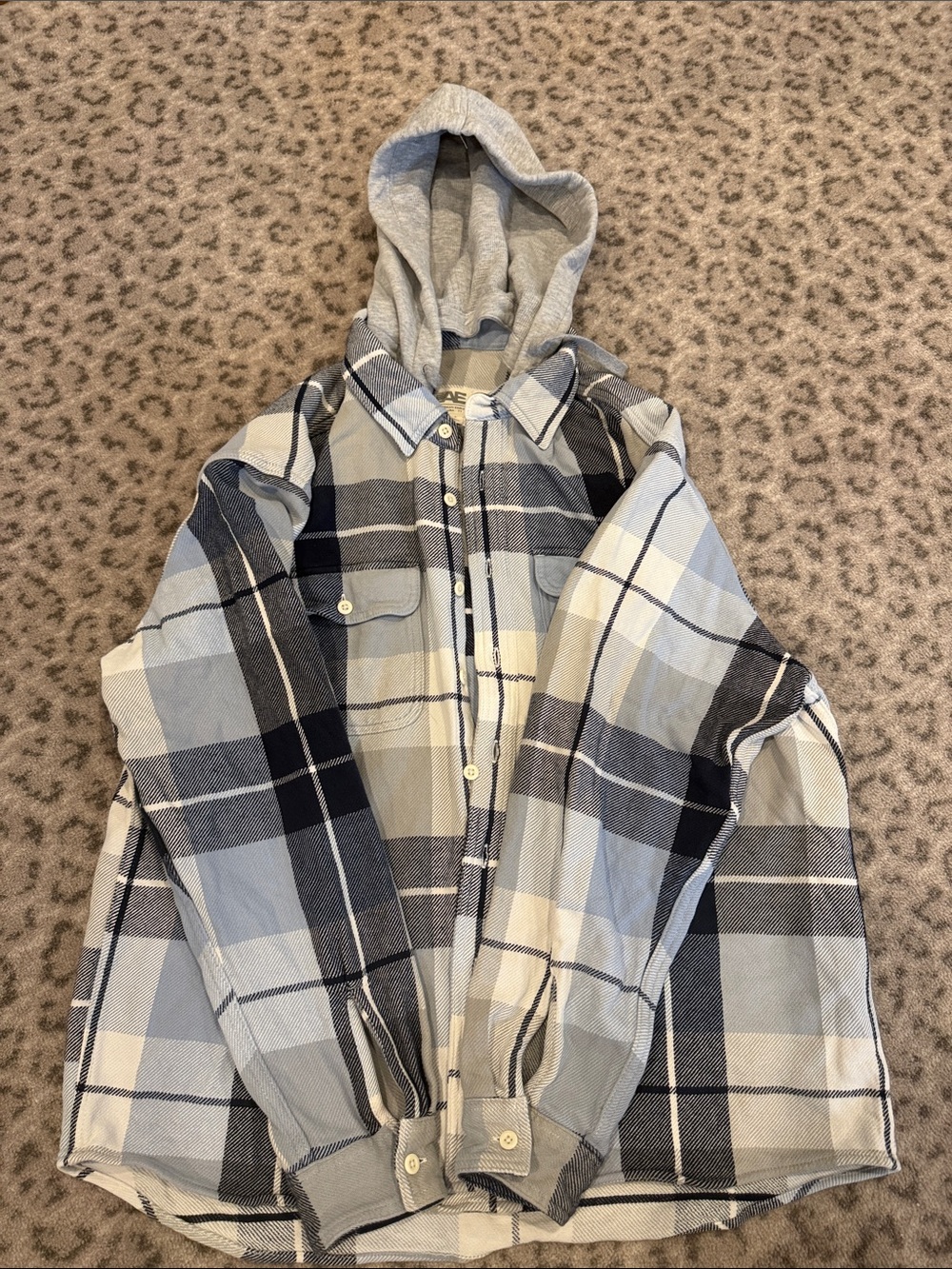 American Eagle Outfitters Kids Plaid Hooded Shirt Jacket in Gray and Navy